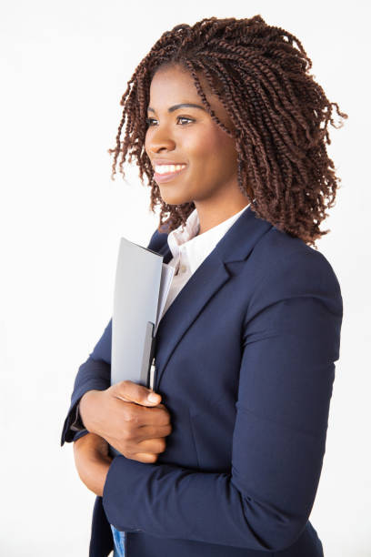 istock Happy joyful businesswoman holding folder with documents 1184610445