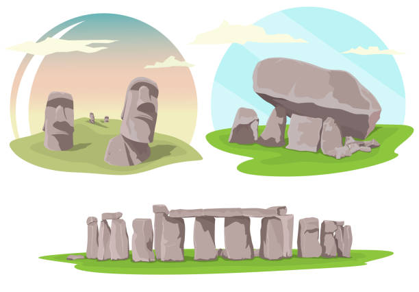 Famous travel locations, Stonehenge, Easter island and Brownshill dolmen Famous travel locations, Stonehenge, Easter island and Brownshill dolmen megalith stock illustrations