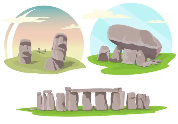 Vector illustration of Famous travel locations, Stonehenge, Easter island and Brownshill dolmen