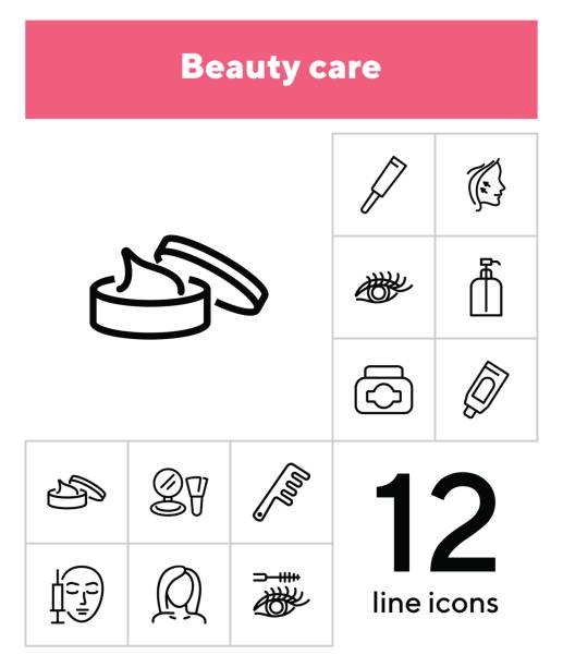Beauty care line icon set Beauty care line icon set. Cream, eyelashes, mascara, botox. Beautician concept. Can be used for topics like beauty salon, cosmetic products, face lifting botox bottle stock illustrations