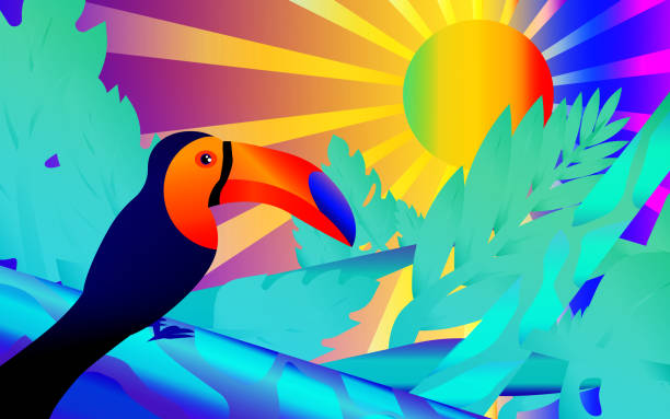 Multi-colored rainbow illustration of the jungle - Toucan in the jungle. Multi-colored rainbow illustration of the jungle - Toucan in the jungle. rainbow toucan stock illustrations