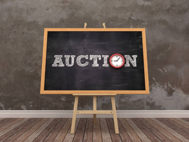 istock Easel with AUCTION Word and Clock in Room - 3D Rendering 1184616072