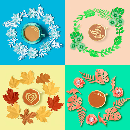 Set of paper donuts and leaves in seasonal design. Colorful collage of volumetric paper objects in winter, spring, summer and autumn design. Paper art and craft. Food art concept