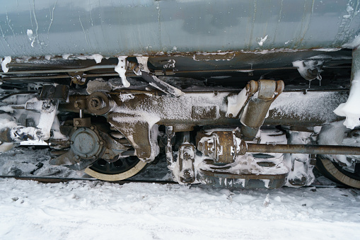 Details of the wheels of the passenger train.
