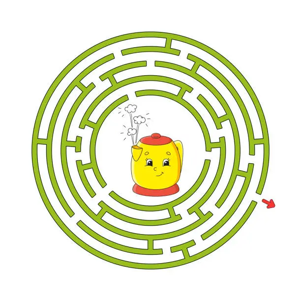 Vector illustration of Funny circle maze. Game for kids. Puzzle for children. Cartoon style. Round labyrinth conundrum. Color vector illustration. Find the right path. The development of logical and spatial thinking.