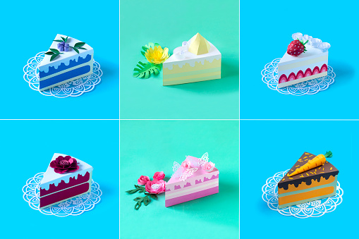 Set of varied pieces of cakes made of paper. Colorful collage of volumetric paper objects. Paper art and craft. Food art concept