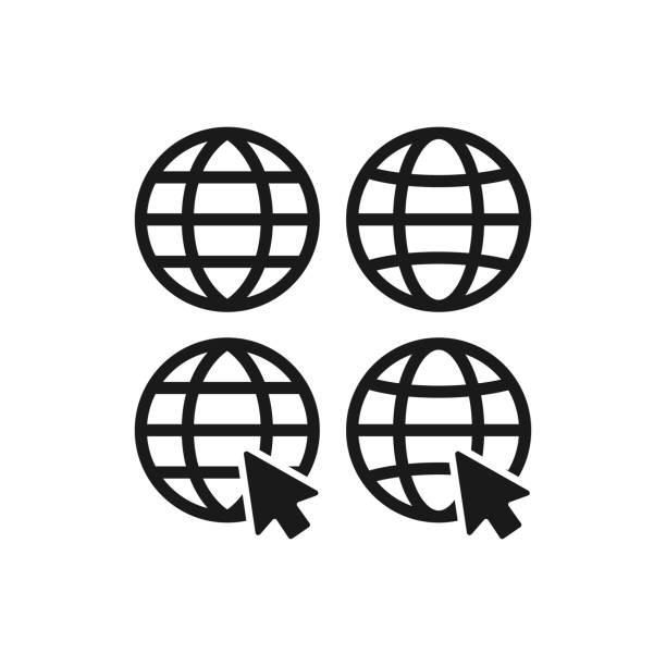 Website globe symbol with mouse arrow click Website globe symbol with mouse arrow click. Globe with arrow black vector icon. яка зарплата у поліції в Україні stock illustrations