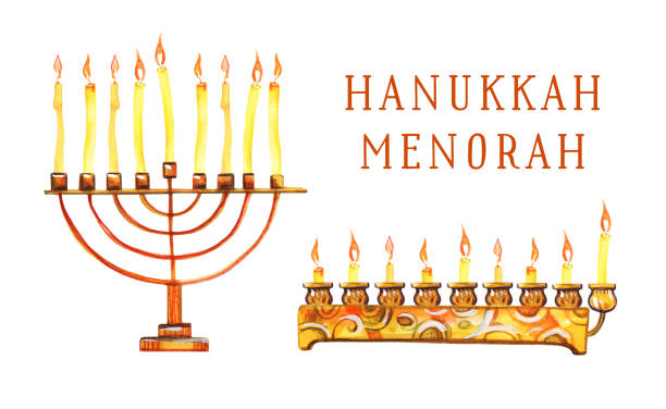 zestaw dwóch różnych menorah chanuka ze świecami. ręcznie rysowana ilustracja akwareli - candle heat gold burning stock illustrations