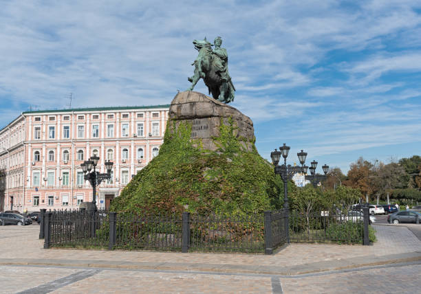 kiev, ukraine-september 18, 2017: the 1888 opened bohdan khmelnytsky monument on the sophien square