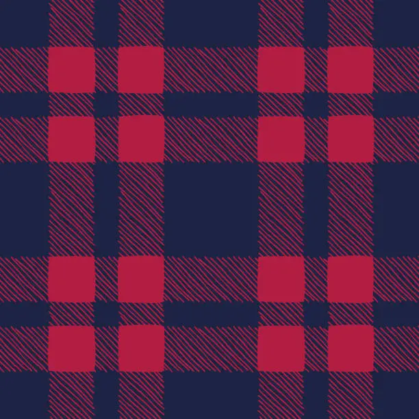 Vector illustration of Classic Hand-Drawn Blue and Red Buffalo Plaid Checks Vector Seamless Pattern