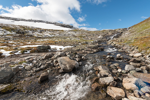 Stream of water (small river) in autumn colored mountains after first snowfall of the season in Jotunheimen National Park in Norway. The image was captured with a full frame DSLR camera and a wide angle 14 mm lens. A slight lens flare adds to the atmosphere.
