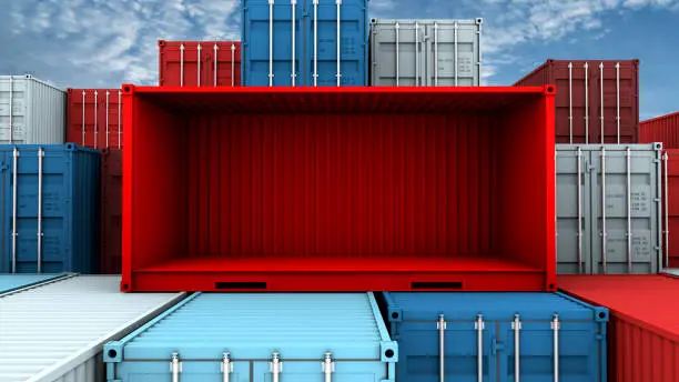 Whole side and empty red container box at cargo freight ship, 3d rendering