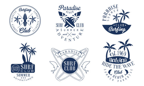illustrations, cliparts, dessins animés et icônes de ensemble de logos pour le club de surf. illustration de vecteur sur un fond blanc - gravure surf