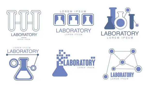 Vector illustration of Set of blue outline logos for the chemical laboratory. Vector illustration