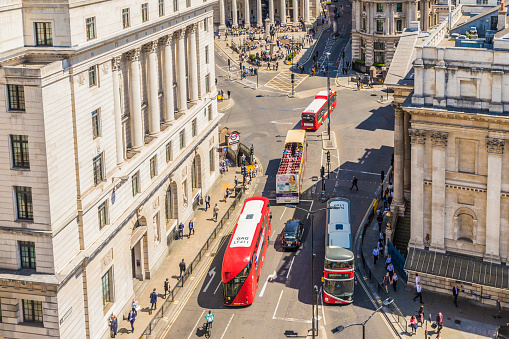 London. May 21 2019. An elevated view of Bank Junction in the City of London in London