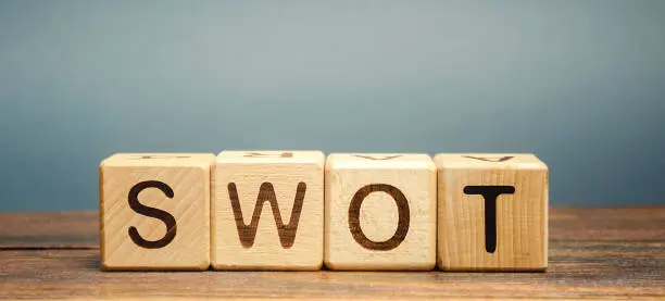 SWOT analysis concept. The method of strategic business planning. Strengths, weaknesses, opportunities, threats. Business competition or project planning. Wooden blocks.
