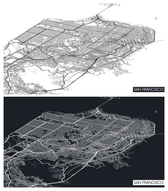 illustrazioni stock, clip art, cartoni animati e icone di tendenza di mappa aerea della città in alto san francisco, piano dettagliato in bianco e nero, griglia urbana in prospettiva, illustrazione vettoriale - map san francisco bay area san francisco county california