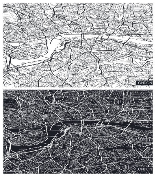 luftbild-stadtplan london, schwarz-weiß detaillierter plan, stadtraster perspektivisch, vektor-illustration - greater london illustrations stock-grafiken, -clipart, -cartoons und -symbole