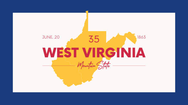 ilustraciones, imágenes clip art, dibujos animados e iconos de stock de 35 de los 50 estados de los estados unidos con un nombre, apodo y fecha admitidos en la unión, mapa detallado de vector west virginia para la impresión de carteles, postales y camisetas - southeastern region