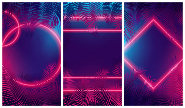 Bright red glow from geometric shapes, neon cyberpunk background with tropical leaves Bright red glow from geometric shapes, neon cyberpunk background with tropical leaves, Vector poster for your design banana borders stock illustrations
