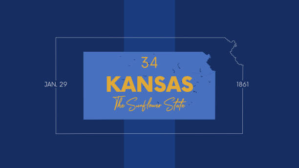 illustrations, cliparts, dessins animés et icônes de 34 des 50 états des états-unis avec un nom, un surnom et une date admis à l'union, detailed vector kansas map pour l'impression d'affiches, de cartes postales et de t-shirts - kansas map design state