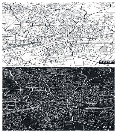Aerial top view city map Frankfurt, black and white detailed plan, urban grid in perspective, vector illustration