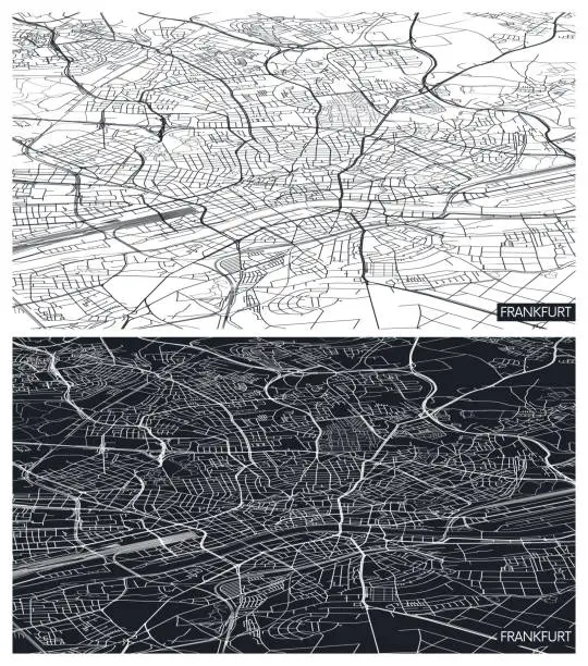 Vector illustration of Aerial top view city map Frankfurt, black and white detailed plan, urban grid in perspective, vector illustration