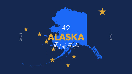 49 of 50 states of the United States with a name, nickname, and date admitted to the Union, Detailed Vector Alaska Map for printing posters, postcards and t-shirts
