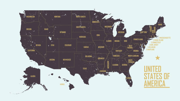 ilustraciones, imágenes clip art, dibujos animados e iconos de stock de mapa vintage detallado de los estados unidos de américa con nombres de 50 estados, ilustración vectorial - arizona map outline silhouette