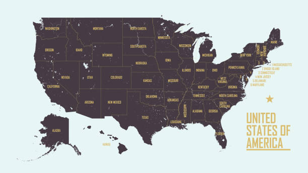 szczegółowa mapa vintage stanów zjednoczonych ameryki z nazwami 50 stanów, ilustracja wektorowa - map cartography washington dc tennessee stock illustrations