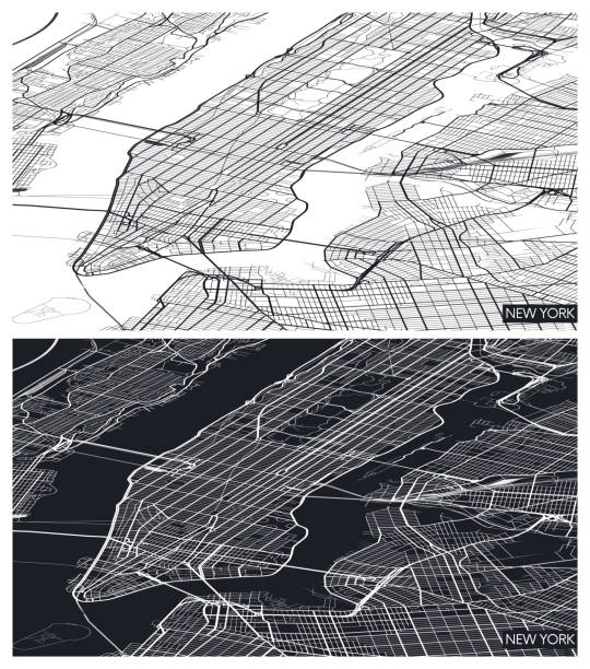 ilustrações, clipart, desenhos animados e ícones de mapa aéreo da cidade da vista superior new york, planta detalhada preto e branco, grade urbana na perspectiva, ilustração do vetor - manhattan aerial view brooklyn new york city