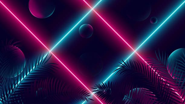 istock Futuristic background with bright red and blue neon rays, color reflex on balls and silhouettes of tropical leaves, vector illustration 1184640018
