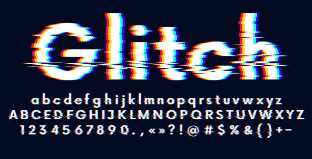 Digital glitched alphabet distorted screen error effect, Latin uppercase and lowercase letters Glitch typeface, vector illustration Digital glitched alphabet distorted screen error effect, Latin uppercase and lowercase letters Glitch typeface, vector illustration photographic effects stock illustrations