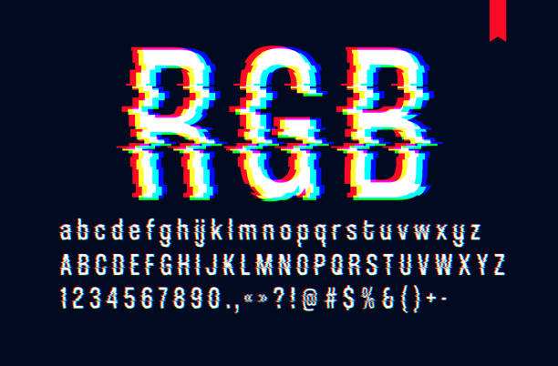 ilustrações de stock, clip art, desenhos animados e ícones de modern style distorted glitch typeface, mixing red green and blue channel screen defect, uppercase and lowercase letters, only for a dark background - clip art video