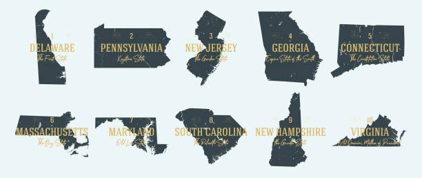 Set 1 of 5 Highly detailed vector silhouettes of USA state maps with names and territory nicknames Set 1 of 5 Highly detailed vector silhouettes of USA state maps with names and territory nicknames georgia us state stock illustrations