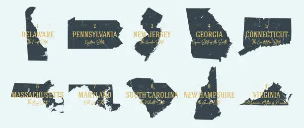 Vector illustration of Set 1 of 5 Highly detailed vector silhouettes of USA state maps with names and territory nicknames