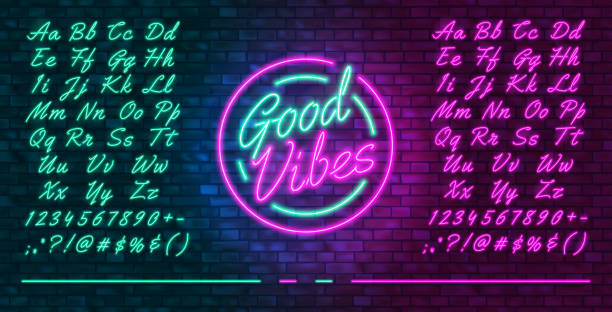 Neon futuristic font, luminous blue and pink uppercase and lowercase letters, colorful bright neon hand drawn typeface, glowing sign Good vibes, vector illustration Neon futuristic font, luminous blue and pink uppercase and lowercase letters, colorful bright neon hand drawn typeface, glowing sign Good vibes, vector illustration neon lighting illustrations stock illustrations