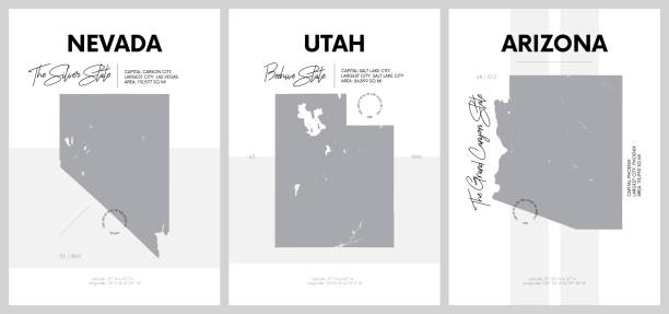 vektor-plakate mit sehr detaillierten silhouetten von karten der staaten von amerika, division mountain - nevada, utah, arizona - gesetzt 14 von 17 - salt lake city illustrations stock-grafiken, -clipart, -cartoons und -symbole