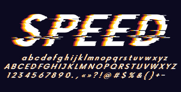 Vector Alphabet letters and numbers stylized fonts, speed effect faster motion, distorted glitch screen effect Vector Alphabet letters and numbers stylized fonts, speed effect faster motion, distorted glitch screen effect deconstruct stock illustrations