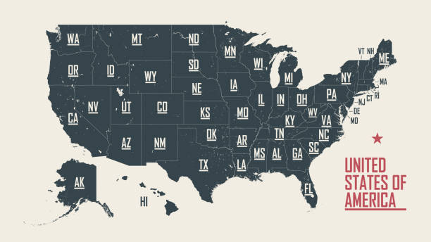 karte der vereinigten staaten von amerika, mit grenzen und abkürzungen für us-bundesstaaten, detaillierte vektor-illustration - ostamerika stock-grafiken, -clipart, -cartoons und -symbole