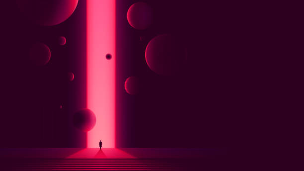 istock Human figure in front of portal to another dimension, space gate with a bright pink glow and flying balls, futuristic abstraction 1184640393