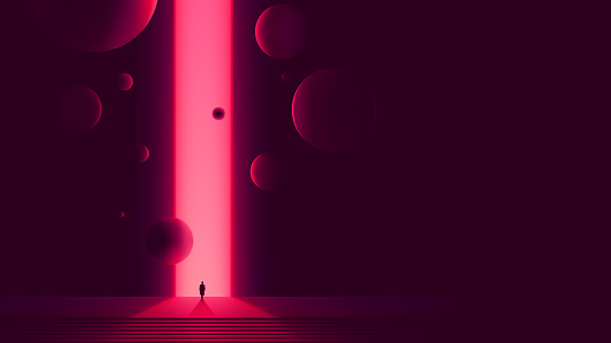 Human figure in front of portal to another dimension, space gate with a bright pink glow and flying balls, futuristic abstraction