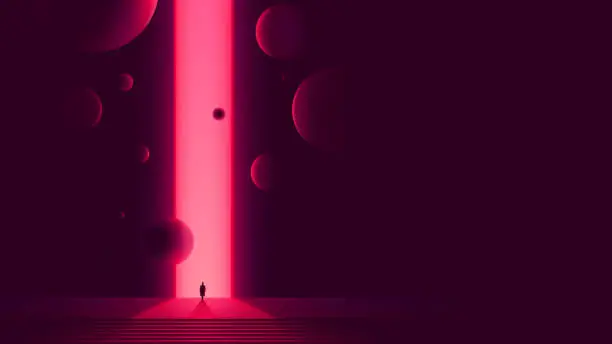 Vector illustration of Human figure in front of portal to another dimension, space gate with a bright pink glow and flying balls, futuristic abstraction