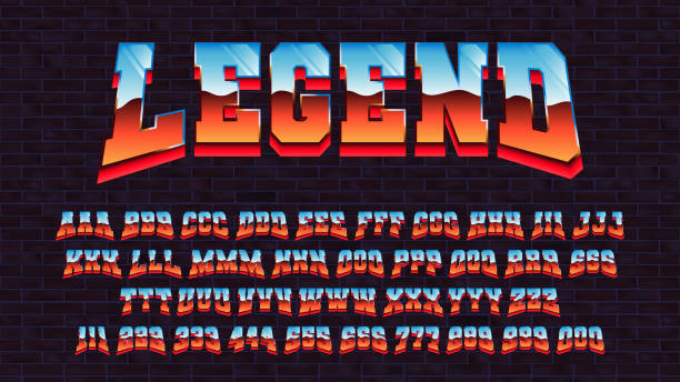 ретро футуристический латинский шрифт, векторный алфавит 80 x три типа трассировки одного символа, букв и цифр с металлическим эффектом, рет� - retro gaming stock illustrations