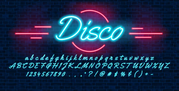 Neon light blue font hand drawin, english alphabet uppercase and lowercase letters and numbers, on brick background, vector illustration