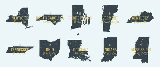 ilustrações de stock, clip art, desenhos animados e ícones de set 2 of 5 highly detailed vector silhouettes of usa state maps with names and territory nicknames - tennessee map usa nashville