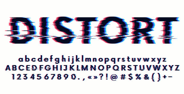 Futuristic digital distortion stylized alphabet, glitch font with lowercase and uppercase letter, numbers and symbols, 3d stereo effect, vector illustration Futuristic digital distortion stylized alphabet, glitch font with lowercase and uppercase letter, numbers and symbols, 3d stereo effect, vector illustration distorted font stock illustrations