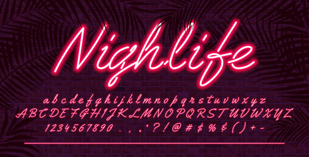 Neon light alphabet font, Red glowing hand drawn uppercase and lowercase letters, vector typeface typography design, brick wall background with tropical leaves Neon light alphabet font, Red glowing hand drawn uppercase and lowercase letters, vector typeface typography design, brick wall background with tropical leaves 1980s style stock illustrations