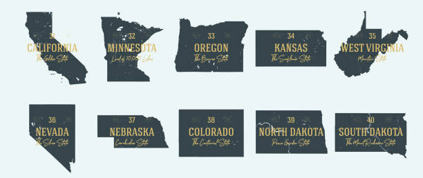 Set 4 of 5 Highly detailed vector silhouettes of USA state maps with names and territory nicknames Set 4 of 5 Highly detailed vector silhouettes of USA state maps with names and territory nicknames south dakota stock illustrations
