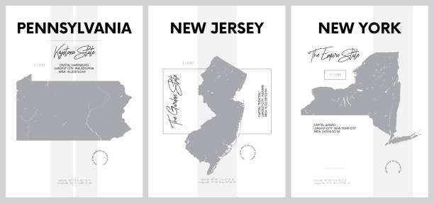Vector posters with highly detailed silhouettes of maps of the states of America, Division Mid-Atlantic - Pennsylvania, New Jersey, New York - set 3 of 17 Vector posters with highly detailed silhouettes of maps of the states of America, Division Mid-Atlantic - Pennsylvania, New Jersey, New York - set 3 of 17 philadelphia aerial stock illustrations